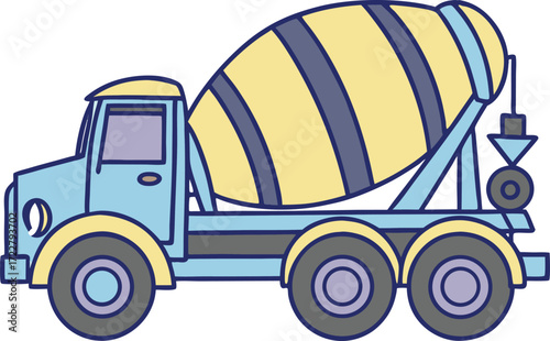Vector art of cartoon illustration of a blue cement mixer truck with a yellow and blue striped drum, isolated on a