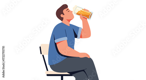 Man sitting on chair while enjoying a refreshing beer, isolated illustration of relaxation and leisure time, simple drawing of a guy drinking