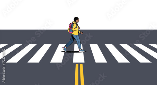 Animated character crossing a city street with a backpack and yellow jacket over a marked crosswalk for safety awareness