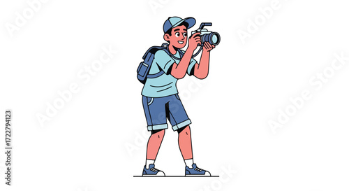 Enthusiastic young tourist captures memories with camera during his explorations and outdoor adventures enjoying nature and urban landscapes