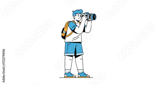 Illustrated backpacker capturing memories with a professional camera during his travel adventure escapade