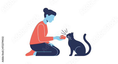 Whimsical illustration showcasing a woman feeding her contented pet feline in a moment of domestic tranquility and affection between owner and