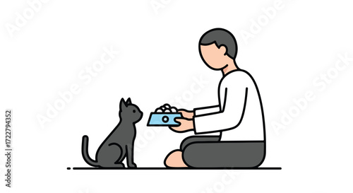 A human character offering food to a sleek black cat using a light blue bowl in a minimalist cartoon vector style illustration showing care and pet