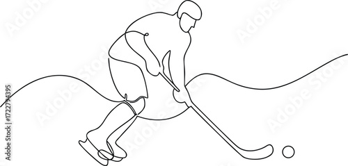 Single line drawing of a hockey player with puck ice hockey