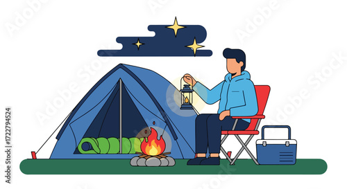 Illustration depicting a solitary camper near a tent under a starlit sky enjoying the serenity of nature with a campfire