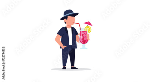 Elegant man sips exotic drink: stylized illustration of relaxation and leisure, perfect for summer promotions or vacation themed graphics
