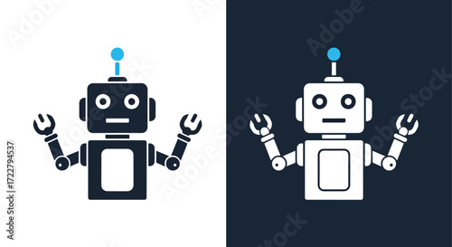 Cute retro robot icon with blue antenna and welcoming arms on contrasting backgrounds