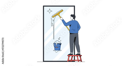 Minimalist Illustration of a Person Cleaning a Large Window with Squeegee on a Stool for a Spotless Result