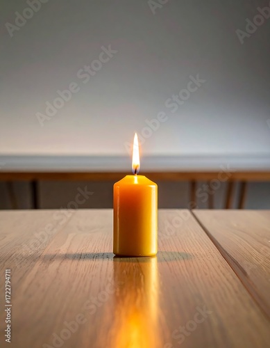 Single yellow candle on wooden table