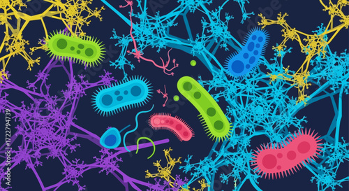 Colorful Microorganisms and Neural Network Illustration, Science and Biology Concept.