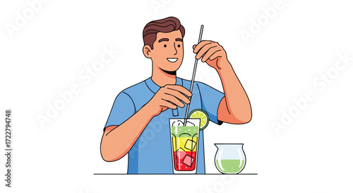 Man preparing colorful refreshing beverage with a straw in a clear glass and lime garnish for summer time enjoyment