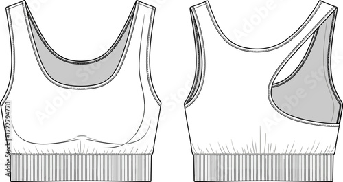 Sports bra technical flat sketch, front and back view, activewear template, vector fashion drawing, fitness top, cad illustration, outline