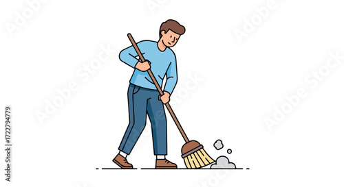 Illustration of a cheerful man sweeping dust with a broom on a white backdrop, emphasizing cleanliness and household tasks as key components of