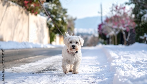 Fototapeta Naklejka Na Ścianę i Meble -  A small white dog walks on a snowy street