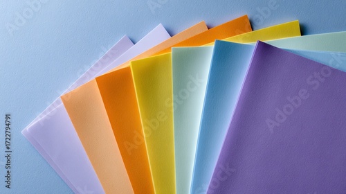 Colorful sheets of paper arranged in a fanned display on a subtle background for artistic and creative purposes