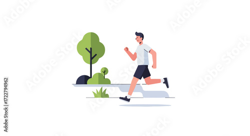 Minimalistic illustration of a man jogging in a park with stylized trees and fresh air concept in outdoors for a healthy fitness lifestyle
