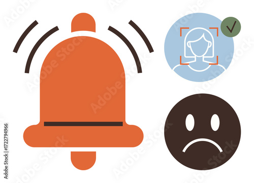 Orange alert bell with vibration lines, face recognition element in a blue circle, and sad face icon. Ideal for security, notification, error, identity, detection warning feedback. Simple flat