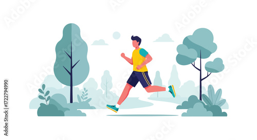 Vibrant vector illustration of a jogger in a park with a serene and stylized natural backdrop creating a peaceful outdoor scene