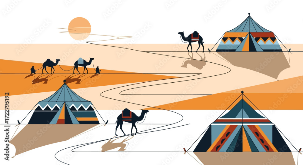 Obraz premium Desert Caravan - Camels and Tents in a Sandy Landscape.