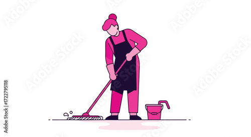 Dedicated cleaning lady wiping the floor with a mop and a bucket, cartoon vector illustration presenting cleanliness and order in a household