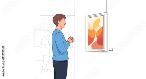 Engrossed in Artistic Expression: A Man Contemplates Abstract Art at Gallery Exhibition with soft lighting and refined aesthetic for visual