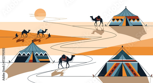 Desert Caravan - Camels and Tents in a Sandy Landscape.