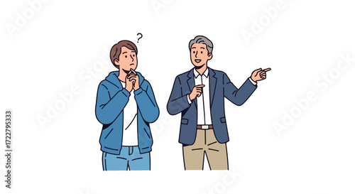 Confused young man getting directions from an older man gesturing towards somewhere specific offering guidance and explanation