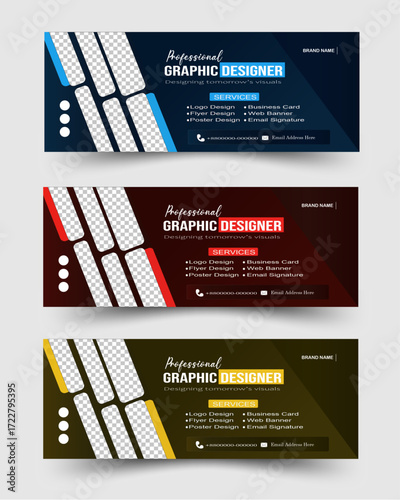 Professional graphic designer banner template with modern layout, editable colors, and creative design for branding, services, and social media promotion