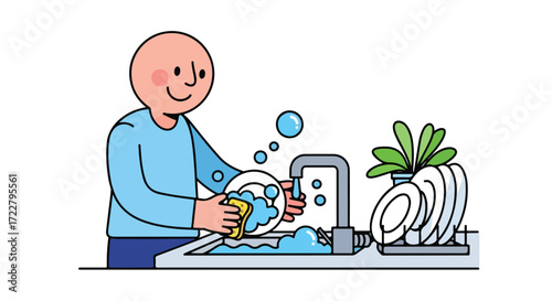 Cartoon illustration of a person washing dishes with a sponge in a sink near plant and clean dishes creating bubbles and conveying cleanliness and
