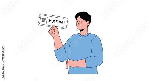 Enthusiastic museum visitor holding a ticket, ready to explore art and history, showcasing cultural appreciation and excitement for discovery and