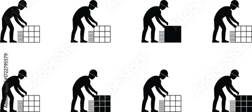 silhouette construction worker lifting heavy blocks stacking tiles carrying load manual labor masonry work building process wall construction industrial jobsite home improvement project