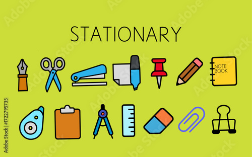 Stationery icons for back to school or office work. Vector set of school supplies and writing tools. 