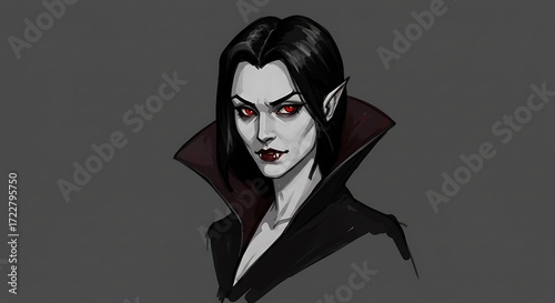 Evil vampire woman with red eyes and fangs. Headshot of female character with dark hair. Halloween holiday theme for card and poster.