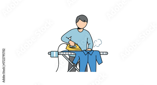 A clean illustration of a person ironing clothes on a board showcasing domestic chore simplicity and modern home tasks