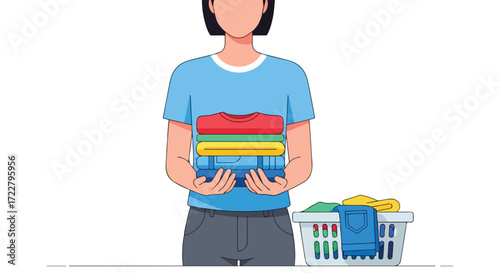 Cartoon Illustration of a Person Holding Stacked Clothes with Laundry Basket Isolated on White Background
