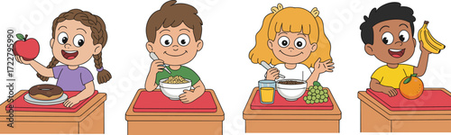 Children eating healthy breakfast with fruits cereal and juice in school classroom cartoon style happy kids illustration - cad drawing flat vector illustration