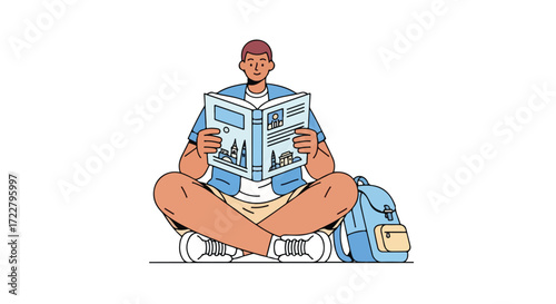 Young man reading travel guide cross-legged on floor with backpack against white background showing new adventure ahead