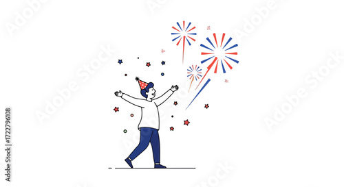 Cartoon Illustration of Person Celebrating with Fireworks and Star Confetti Background