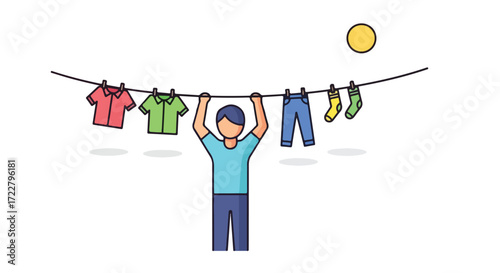 Illustrative vector graphic of a person hanging laundry under a sunny sky showcasing a simple daily chore in a modern design style