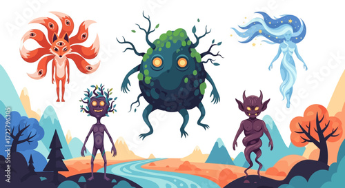 Diverse Collection of Fantasy Creatures in a Whimsical Landscape.