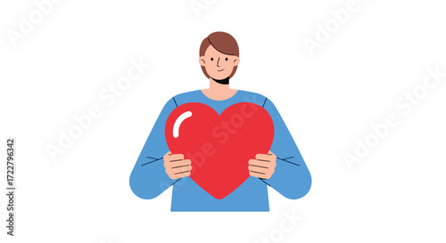 Man holds a vibrant heart illustration, expressing affection and emotional wellbeing with simple and appealing character design