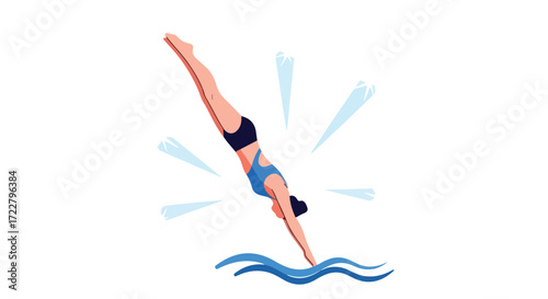 Dynamic aquatic action illustrating a woman gracefully diving, symbolizing recreation and athletic performance in a stylized water setting with