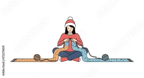 Enchanting depiction of a young woman engrossed in a knitting project during cozy winter season