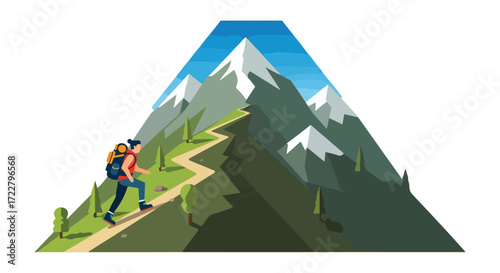 Conceptual mountain hiking adventure illustration showcasing a determined hiker ascending towards the snowy peak on a zigzagging trail symbolizing