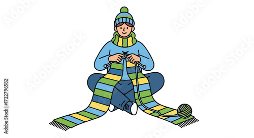 Illustration of a person wearing winter clothes and knitting a long colorful scarf with a wool ball, a cozy winter pastime and hobby portrayed,
