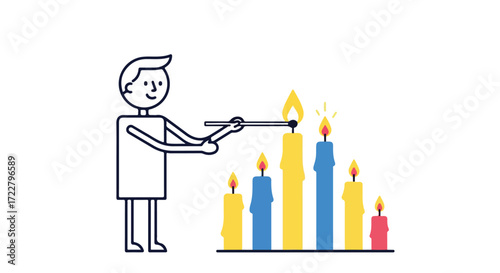 A minimalist illustration of a stick figure lighting candles for a special event or celebration with match sticks for decoration