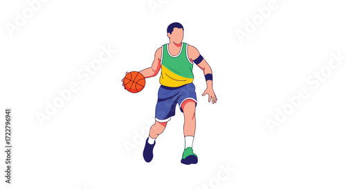 Dynamic illustration of a basketball player dribbling with colorful sportswear, isolated against a crisp white background, showcasing athletic