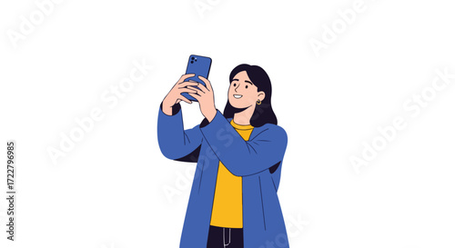 Animated woman holding a smartphone taking a picture with a joyful expression,isolated on a white background perfect for designs and illustrations