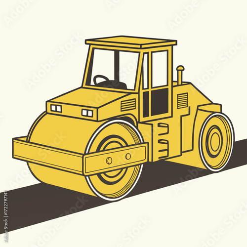 Vector art of yellow steamroller vehicle on a road, construction equipment for road building and maintenance, illustration