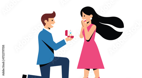 Joyful proposal moment: Man kneeling with ring box presenting a ring to his surprised girlfriend happy couple vector illustration design